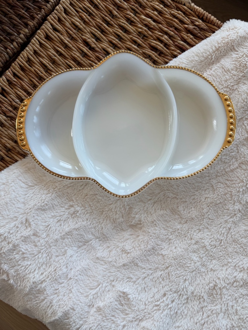 Vintage Fire King Milk Glass Divided Relish Dish with Gold Beaded Trim